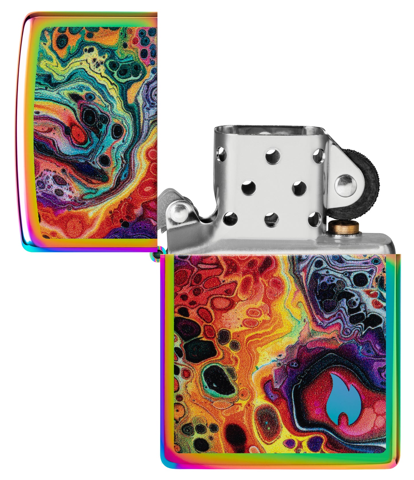 Zippo Mesmerizing Magma Design Multi-Color Windproof Lighter with its lid open and unlit.