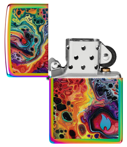 Zippo Mesmerizing Magma Design Multi-Color Windproof Lighter with its lid open and unlit.