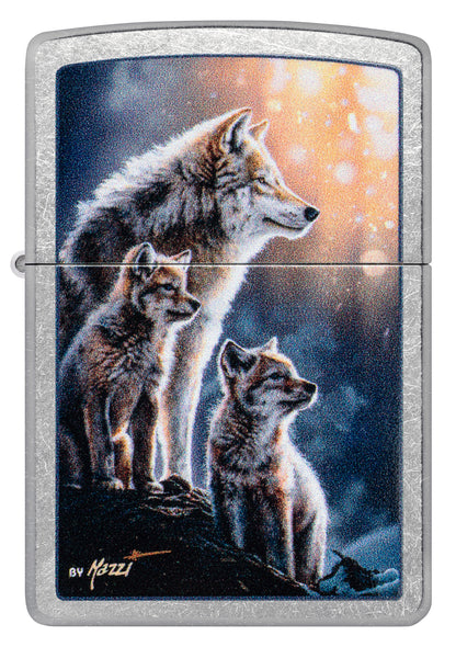 Front view of Zippo Mazzi® Wolf Pack Design Street Chrome Windproof Lighter.