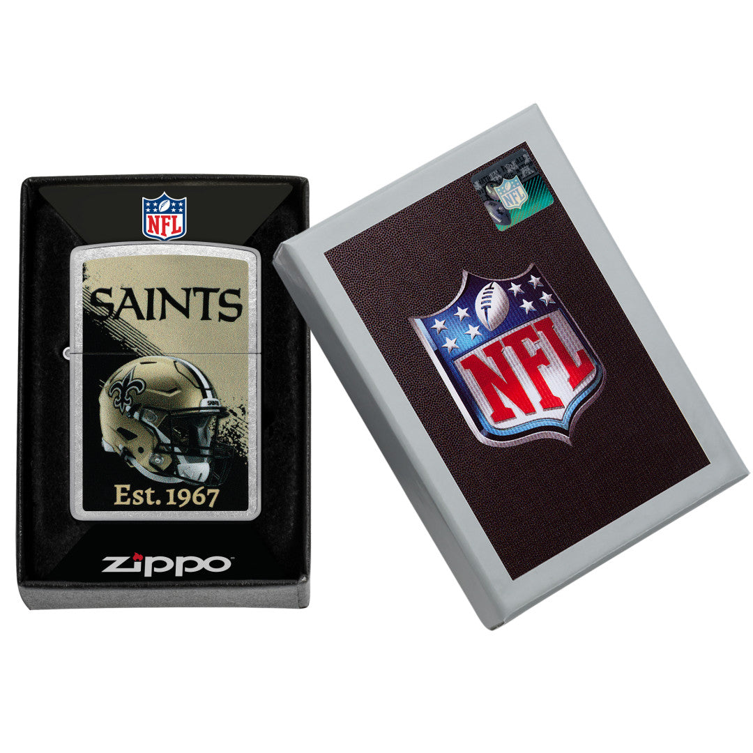 Zippo NFL New Orleans Saints Helmet Design Street Chrome Windproof Lighter in its packaging.