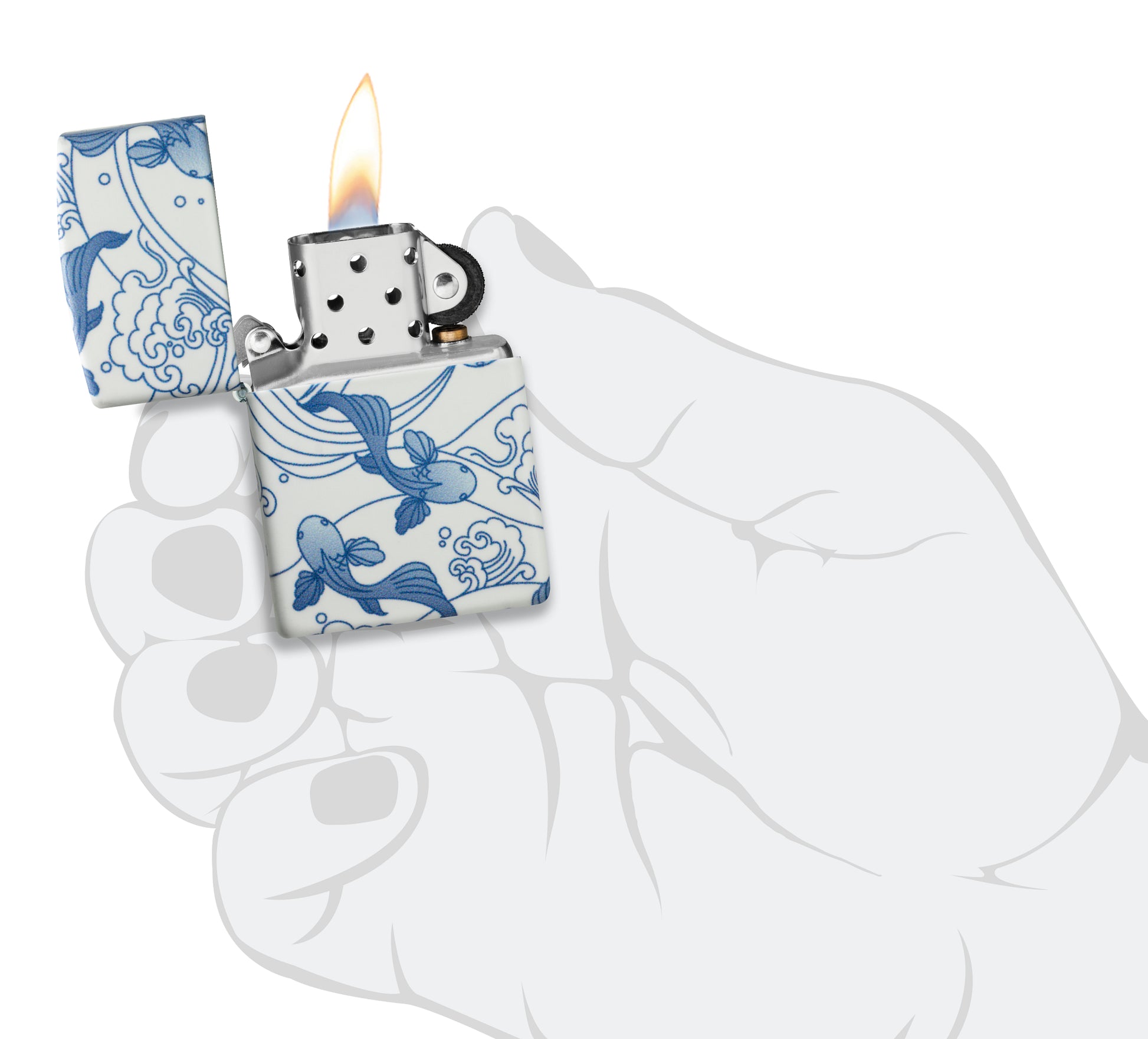 Zippo Porcelain Koi Design 540 Matte Windproof Lighter lit in hand.