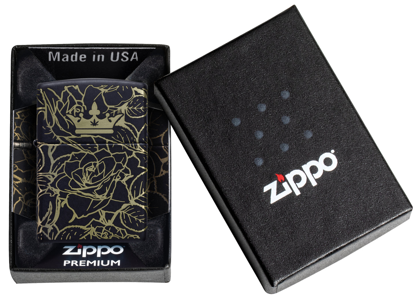 Zippo Queen of Bud 360° Roses Design Black Matte Windproof Lighter in its packaging.