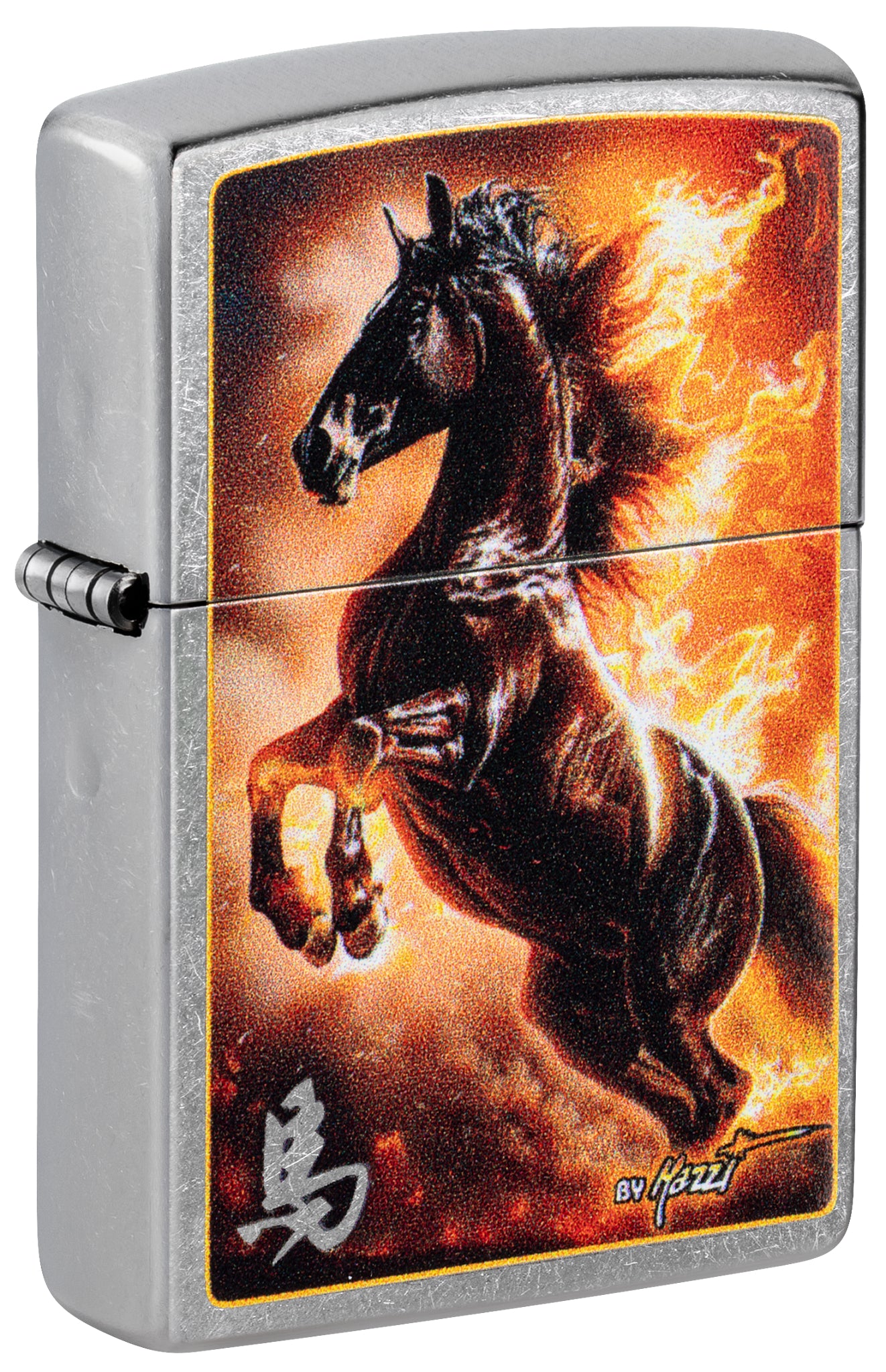 Front shot of Zippo Mazzi® Fire Stallion Design Street Chrome Windproof Lighter standing at a 3/4 angle.