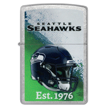 Front view of Zippo NFL Seattle Seahawks Helmet Design Street Chrome Windproof Lighter.