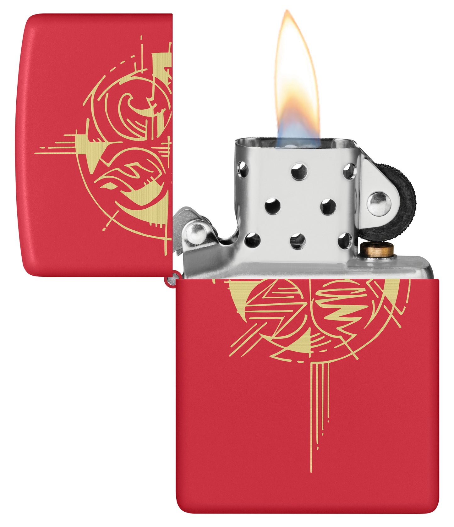 Zippo Elements Design Red Matte Windproof Lighter with its lid open and lit.