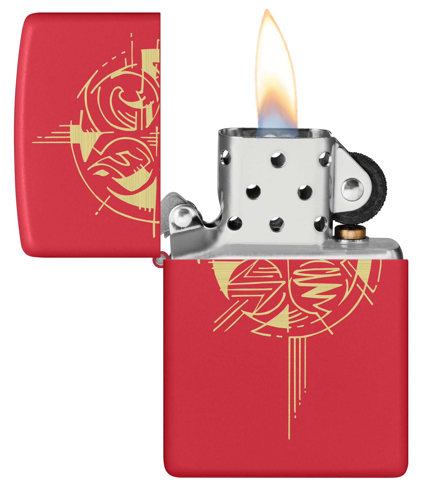 Zippo Elements Design Red Matte Windproof Lighter with its lid open and lit.