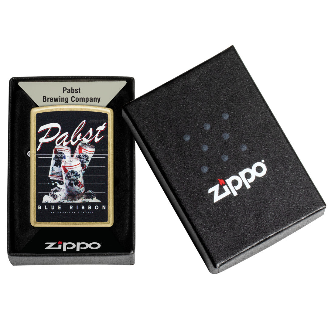 Zippo Pabst Blue Ribbon® American Classic Design Street Brass Windproof Lighter in its packaging.