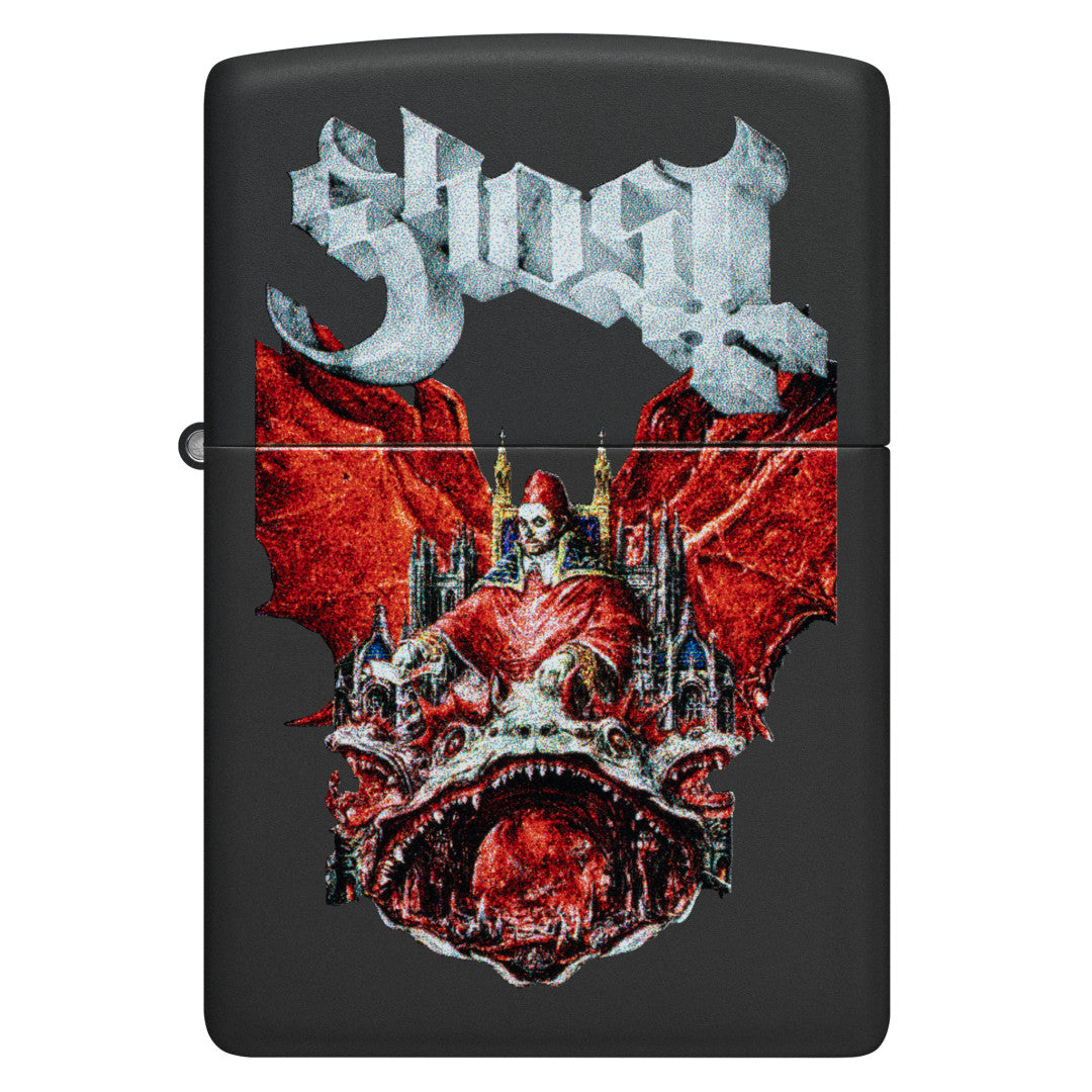 Front view of Zippo Ghost Prequelle Design Black Matte Windproof Lighter.