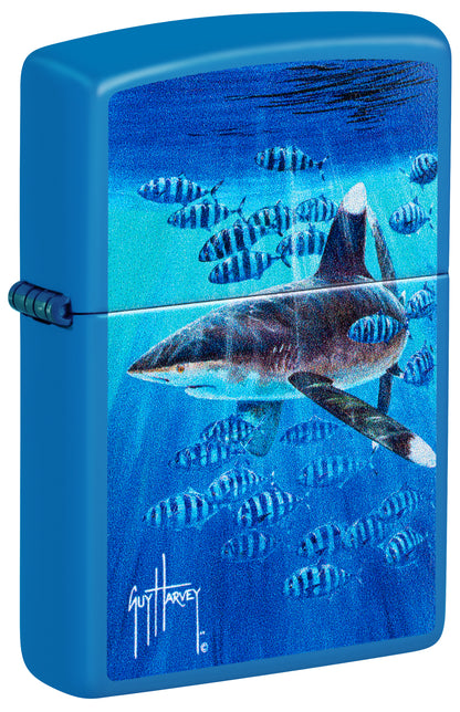 Front shot of Zippo Guy Harvey Co-Pilot Design Sky Blue Matte Windproof Lighter standing at a 3/4 angle.