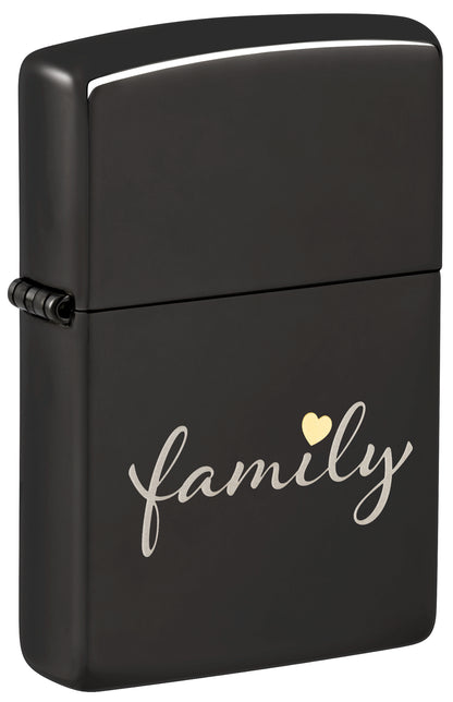 Front shot of Zippo Family Design High Polish Black Windproof Lighter standing at a 3/4 angle.