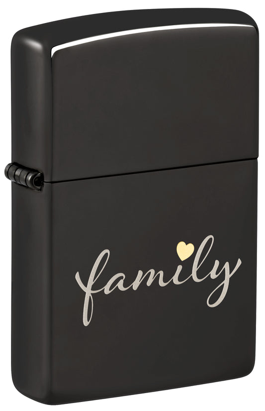 Front shot of Zippo Family Design High Polish Black Windproof Lighter standing at a 3/4 angle.