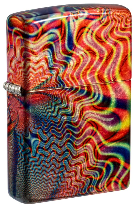 Front shot of Zippo Fusion Waves Design 540 Tumbled Brass Windproof Lighter standing at a 3/4 angle.
