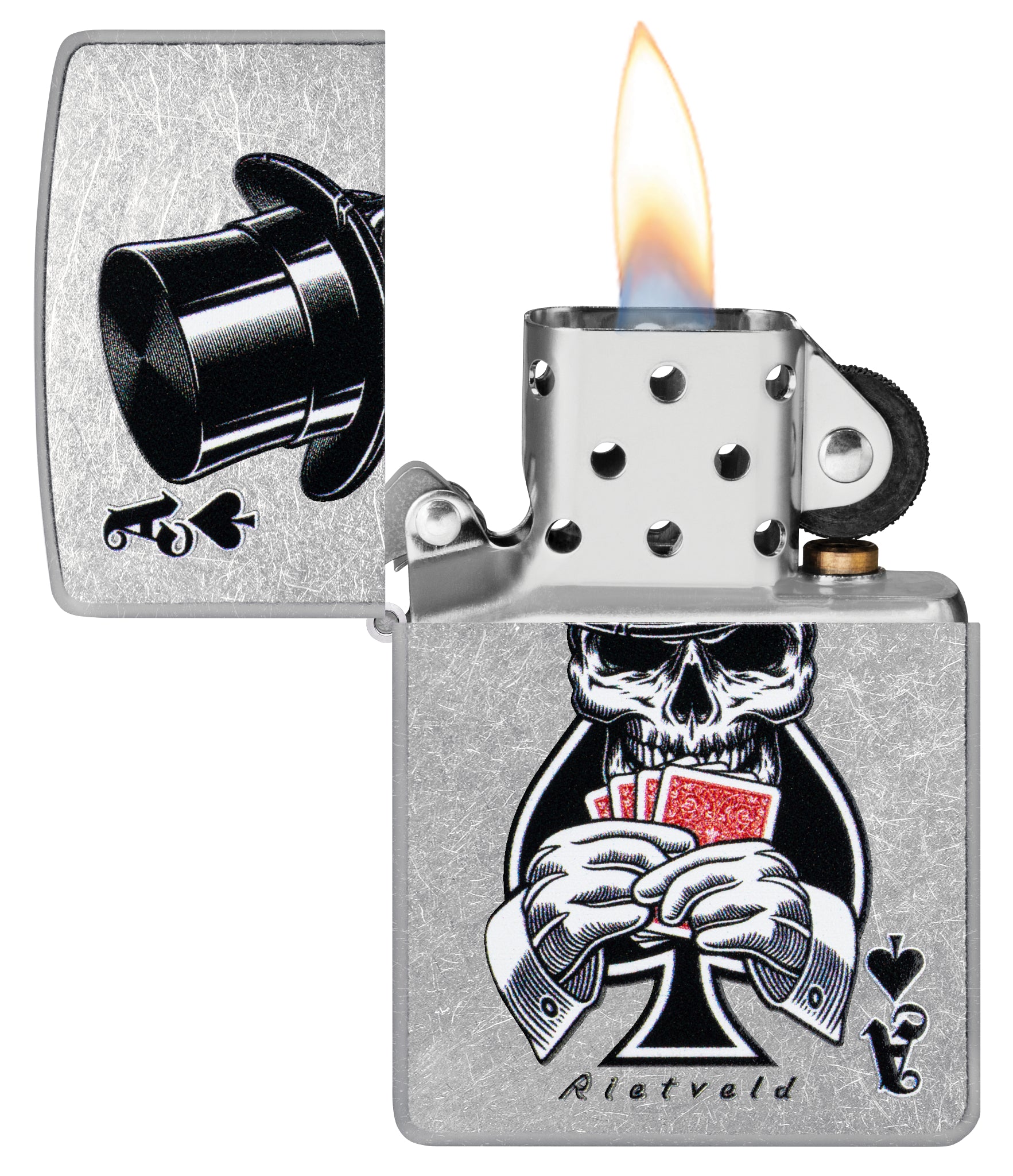 Zippo Rietveld Ace of Spades Design Street Chrome Windproof Lighter with its lid open and lit.
