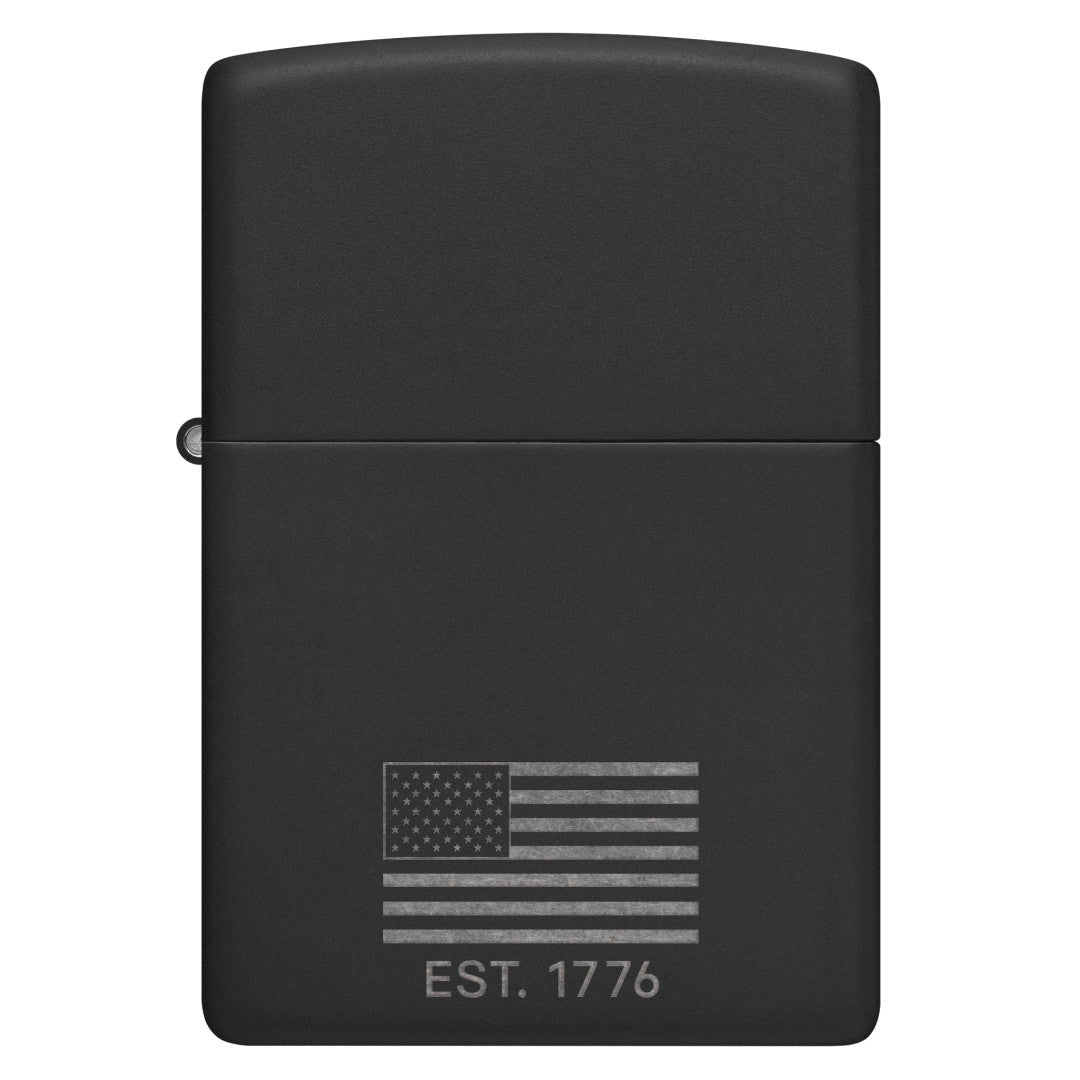 Front view of Zippo Because of the Brave Design Black Matte with Chrome Windproof Lighter.