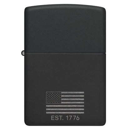 Front view of Zippo Because of the Brave Design Black Matte with Chrome Windproof Lighter.