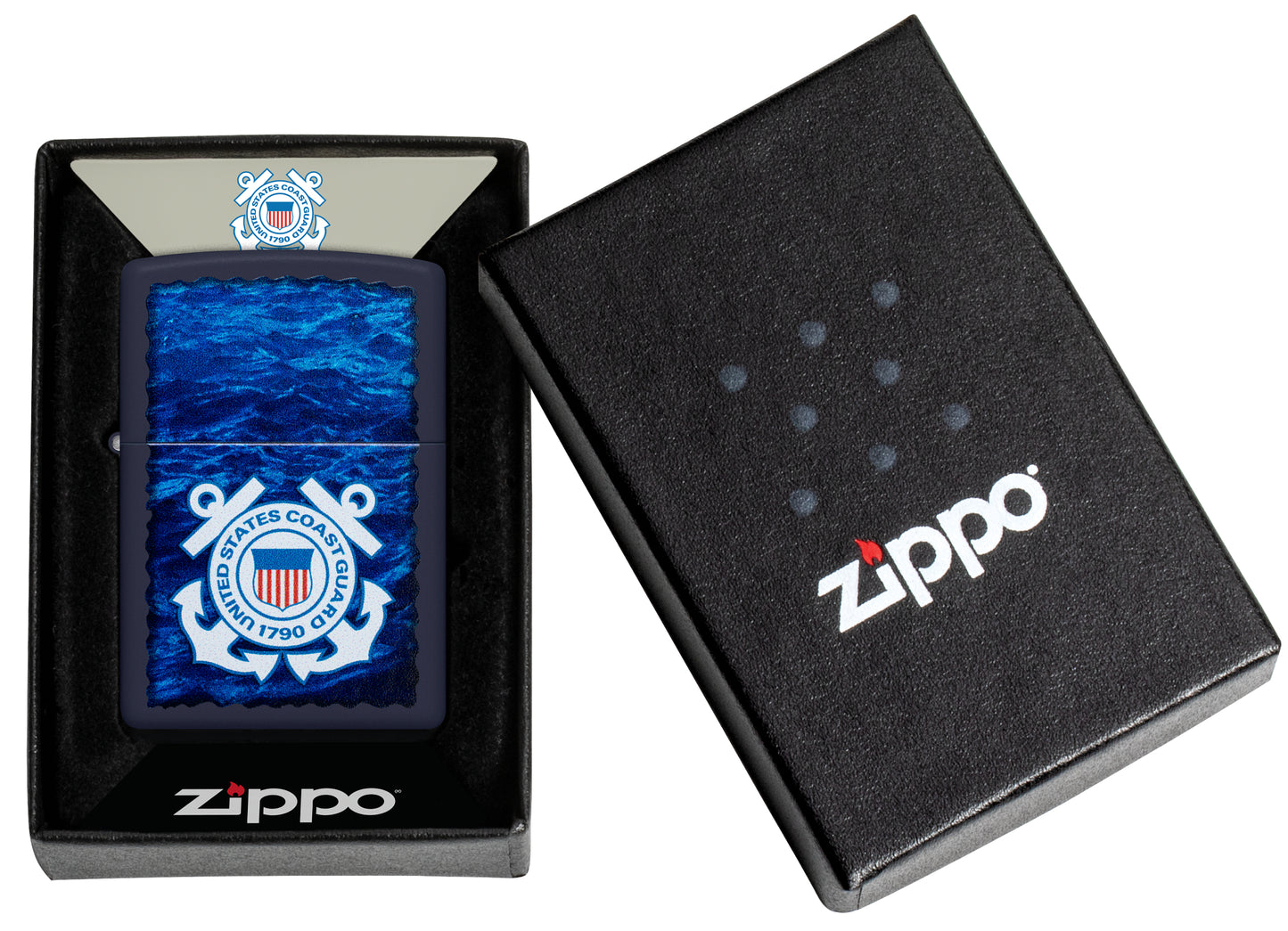 Zippo U.S. Coast Guard Waves Design Navy Matte Windproof Lighter in its packaging.