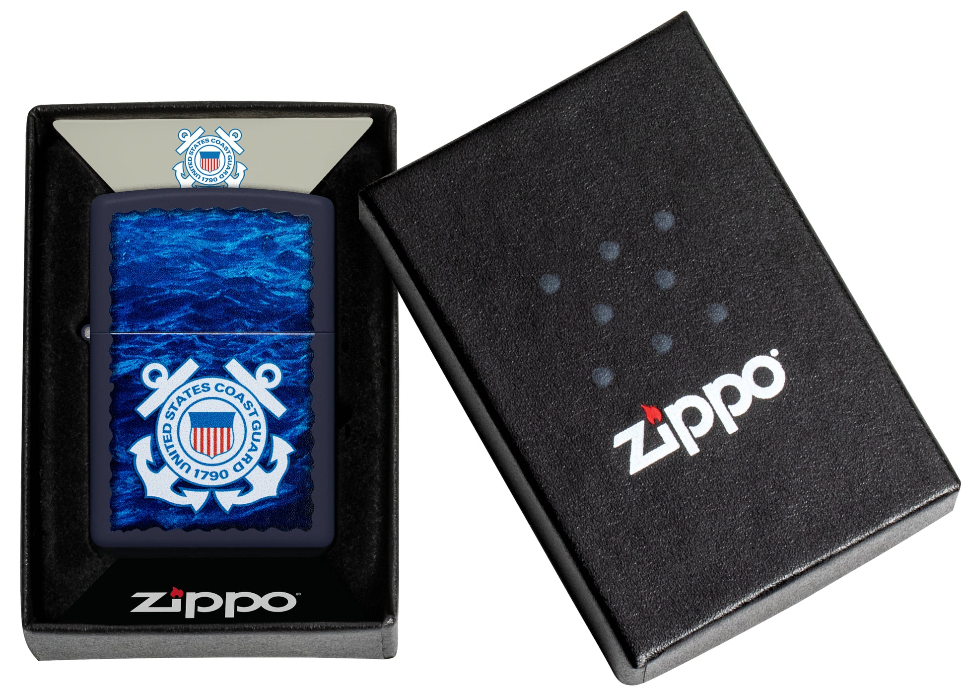 Zippo U.S. Coast Guard Waves Design Navy Matte Windproof Lighter in its packaging.
