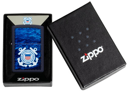 Zippo U.S. Coast Guard Waves Design Navy Matte Windproof Lighter in its packaging.