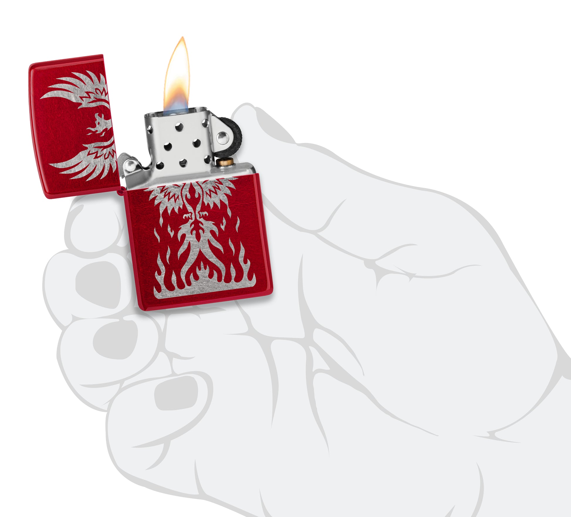 Zippo Phoenix Rising Design Candy Apple Red Windproof Lighter lit in hand.