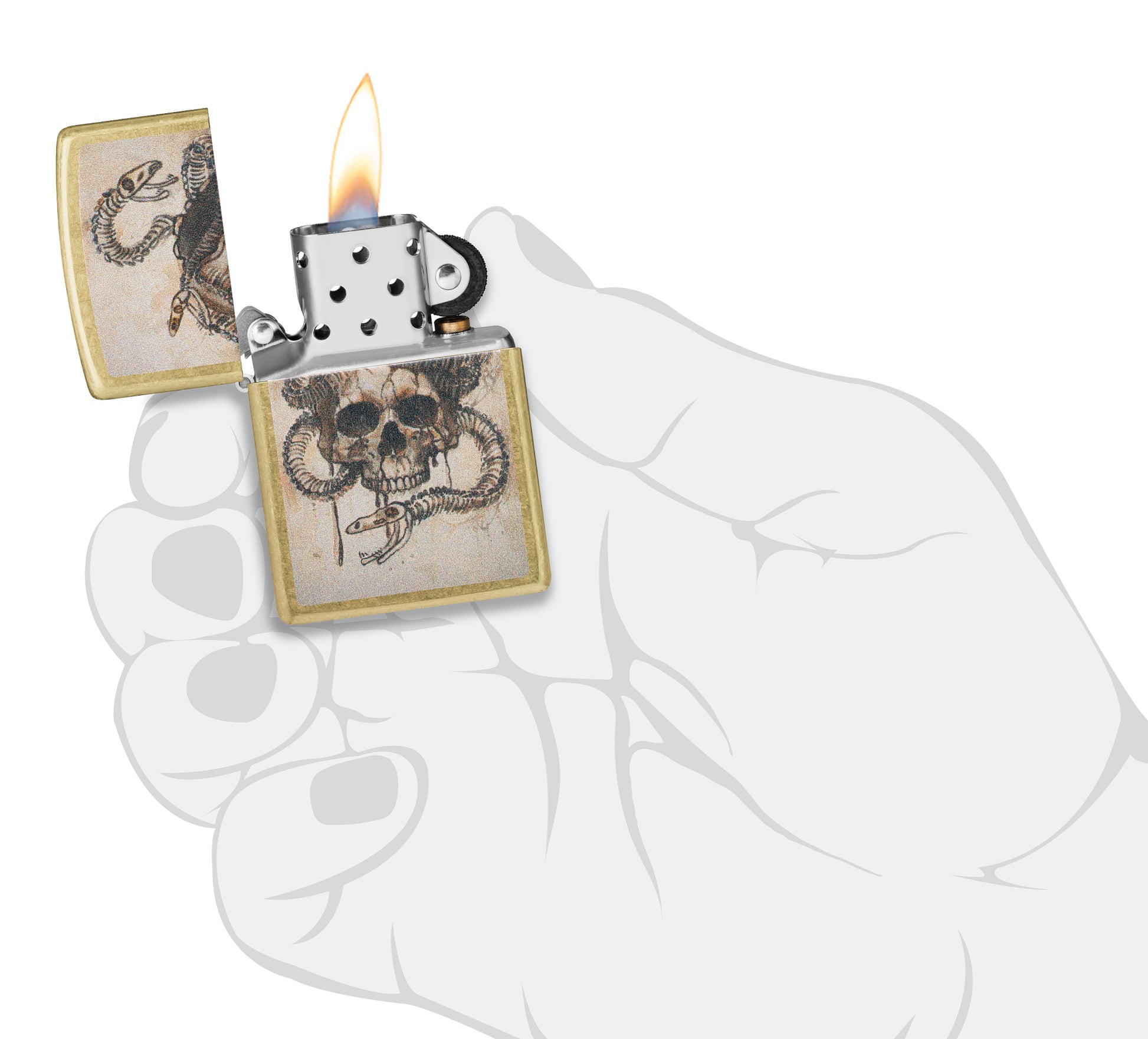 Zippo Skull and Snakebones Design Street Brass Windproof Lighter lit in hand.