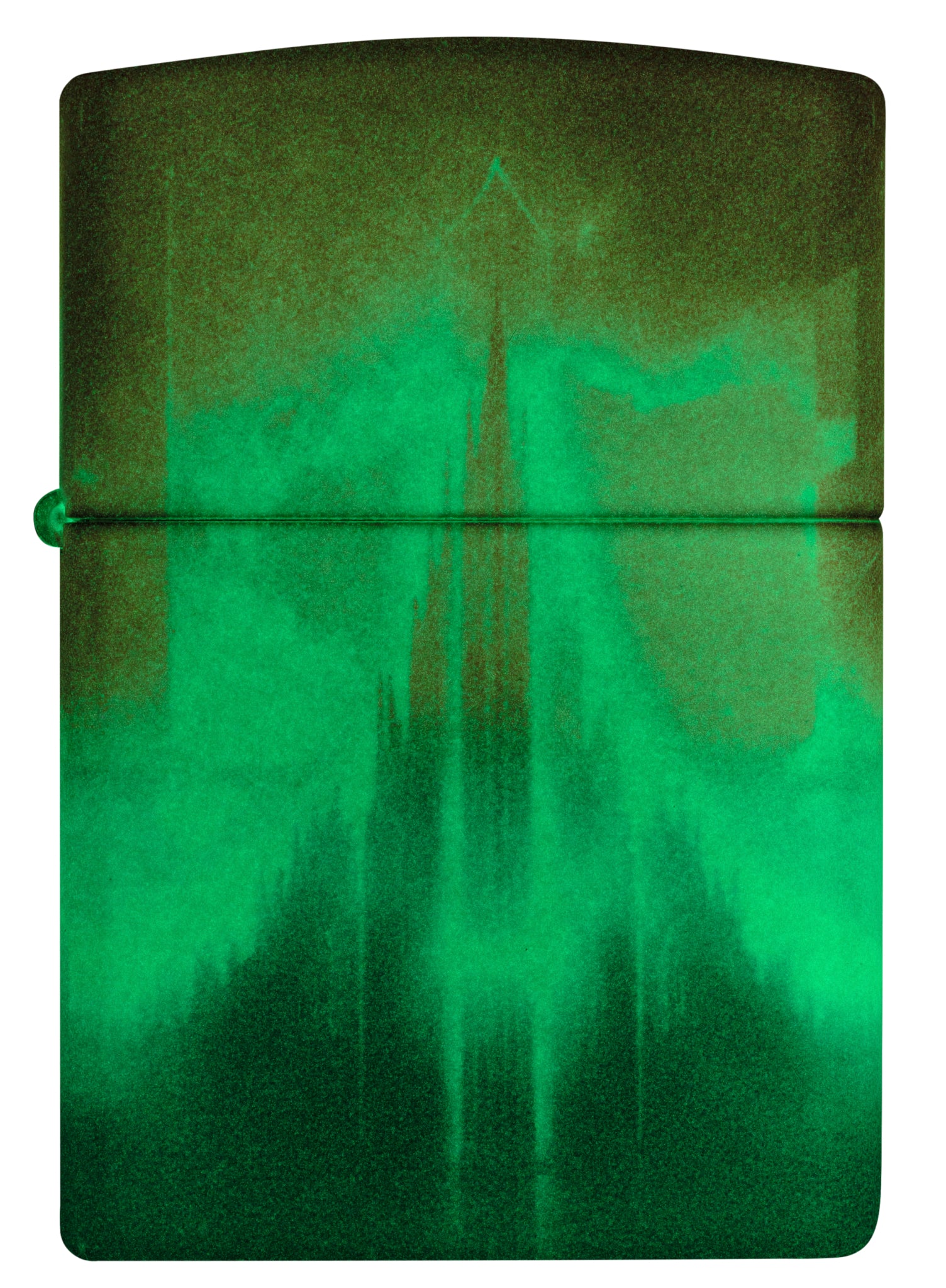 Front view of Zippo Wicked City Design Glow in the dark Green Windproof Lighter glowing in the dark.