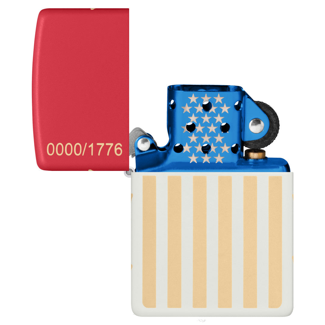 Zippo 250th Anniversary Collectible Red and White Matte Windproof Lighter with its lid open and unlit.