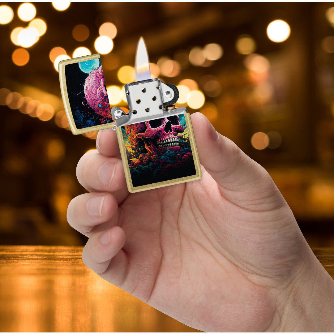 Zippo Cosmic Skull Design Street Brass Windproof Lighter lit in hand.