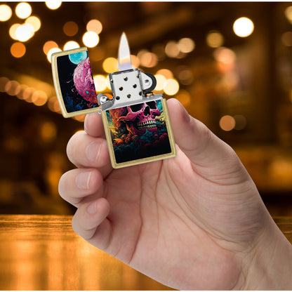 Zippo Cosmic Skull Design Street Brass Windproof Lighter lit in hand.
