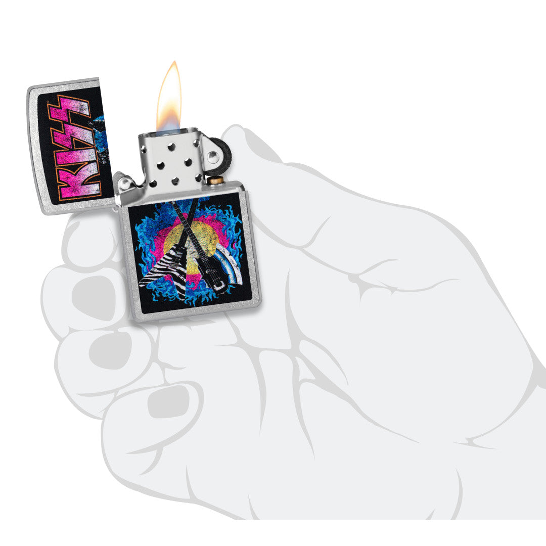Zippo KISS® Axe Bass Design Street Chrome Windproof Lighter lit in hand.