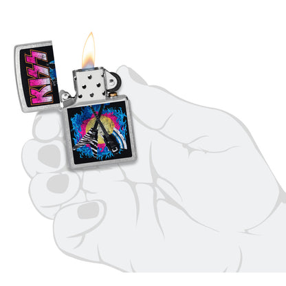 Zippo KISS® Axe Bass Design Street Chrome Windproof Lighter lit in hand.