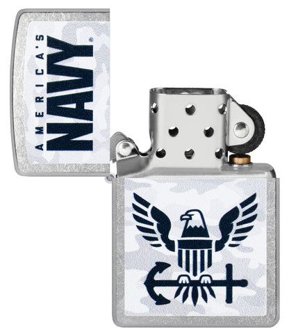 Zippo United States Navy® Camo Logo Design Street Chrome Windproof Lighter with its lid open and unlit.