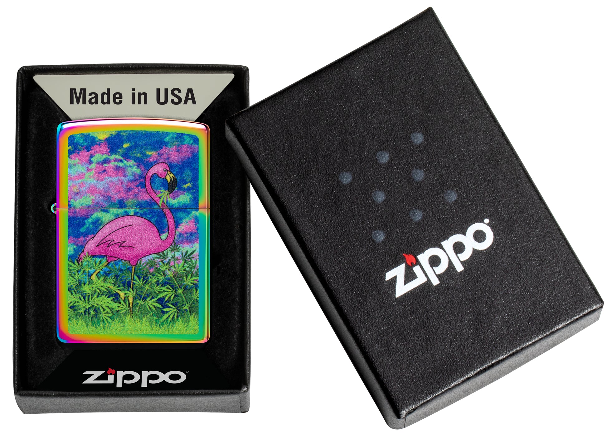 Zippo Flamingo Fields Design Multi Color Windproof Lighter in its packaging.
