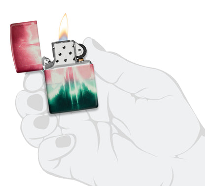 Zippo Wicked City Design Glow in the dark Green Windproof Lighter lit in hand.