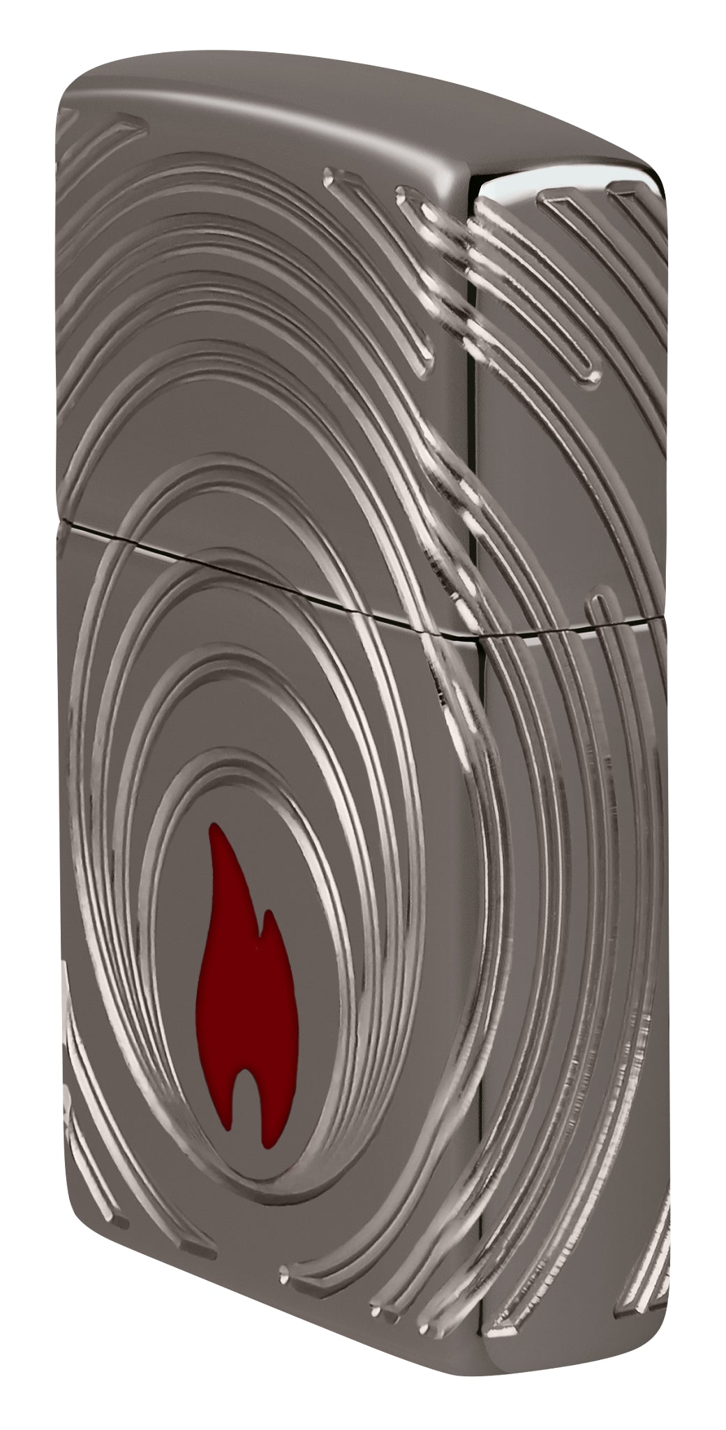 Angled shot of  Zippo 2026 Collectible of the Year Windproof Lighter showing the front and non-hinge side of the lighter.