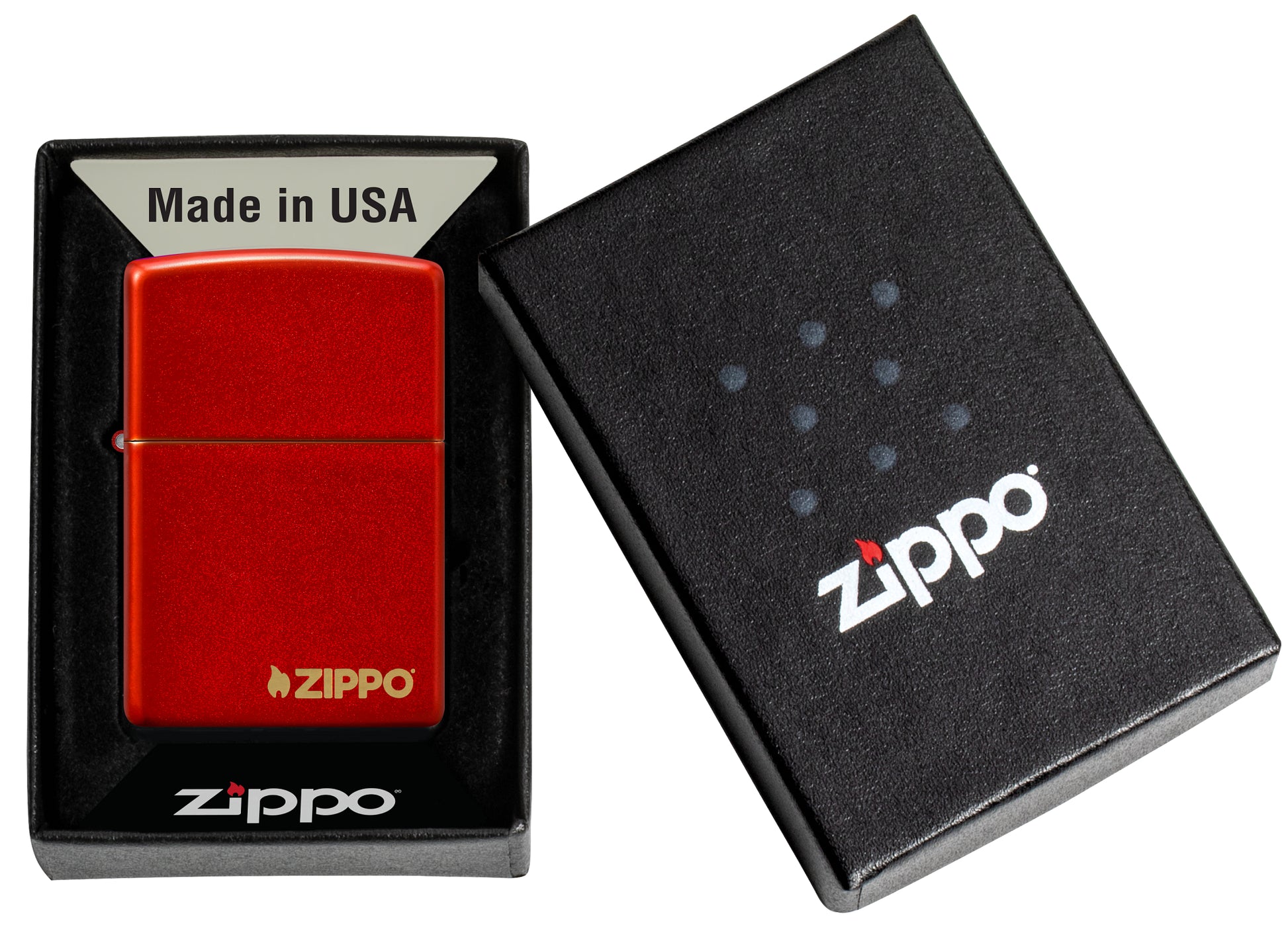 Classic Metallic Red Zippo Logo Windproof Lighter in its packaging.