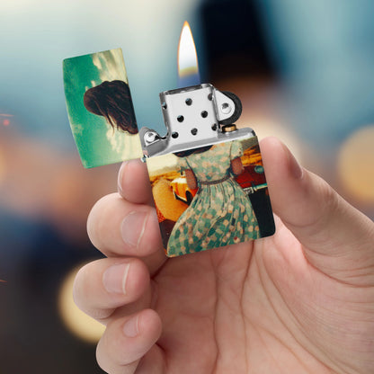 Zippo American Road Trip Design 540 Color Windproof Lighter lit in hand.