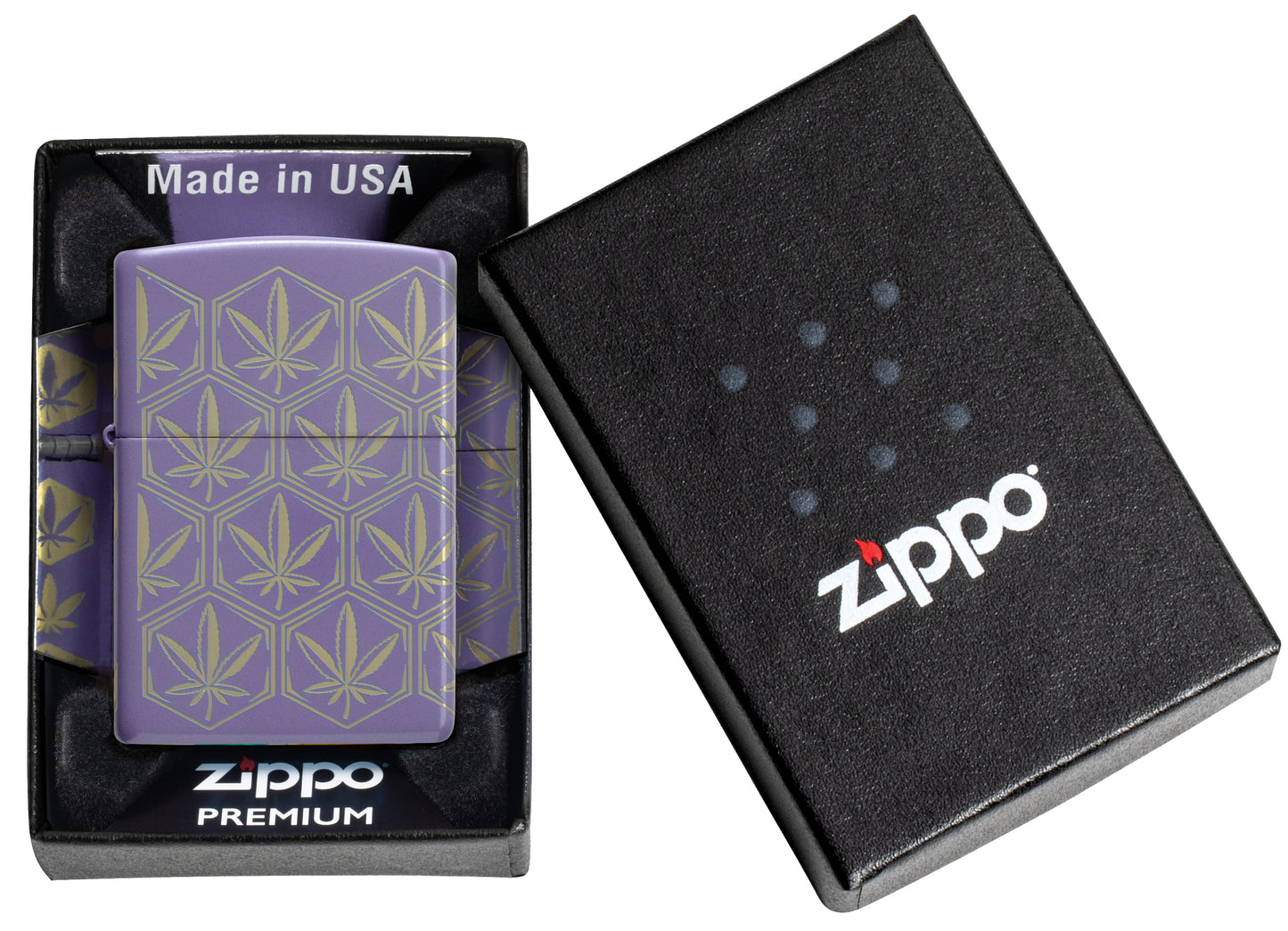 Zippo Honeycomb Cannabis Design Smoky Lavender Windproof Lighter in its packaging.
