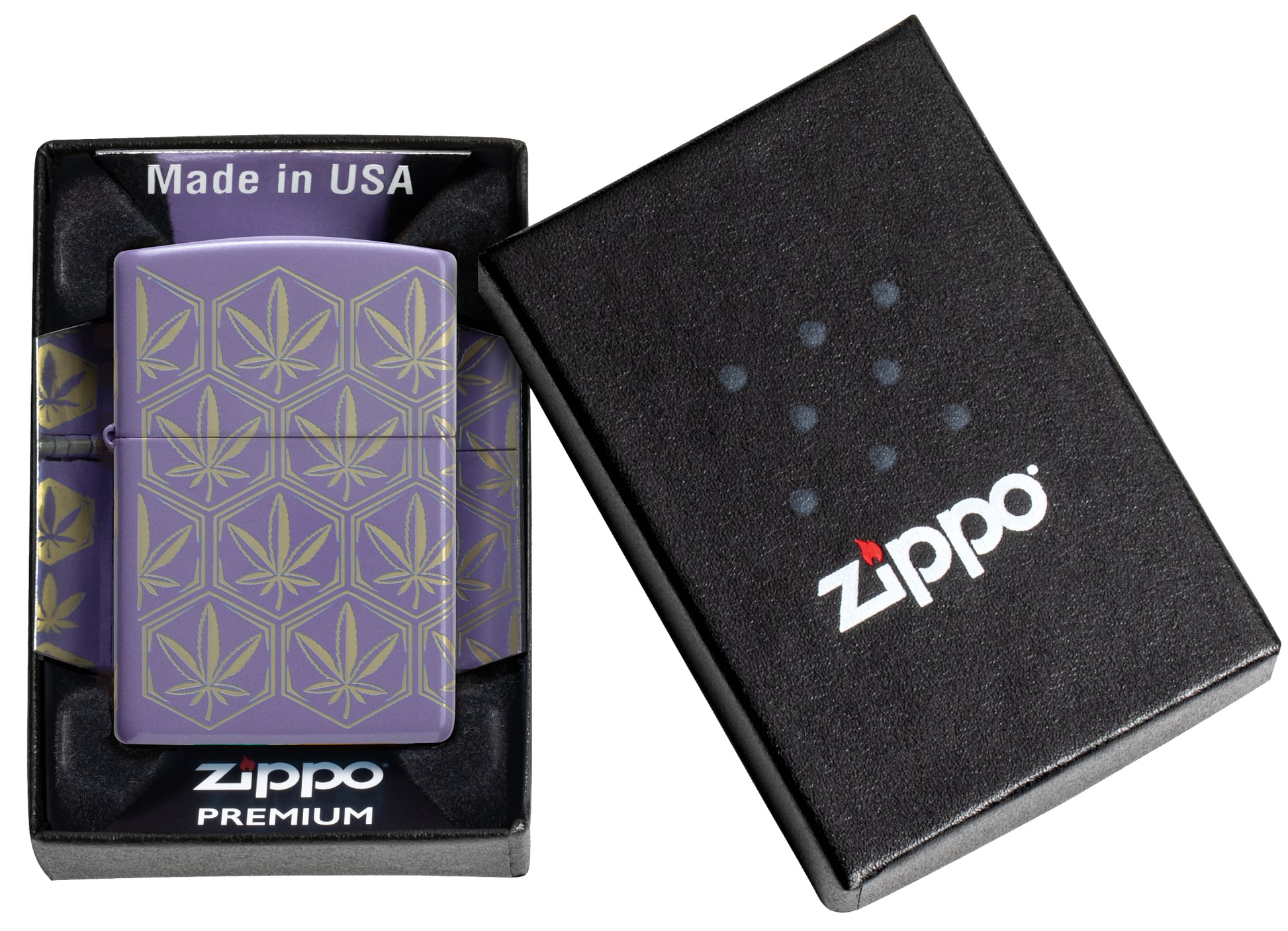 Zippo Honeycomb Cannabis Design Smoky Lavender Windproof Lighter in its packaging.