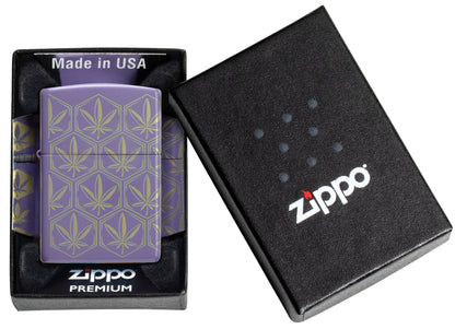 Zippo Honeycomb Cannabis Design Smoky Lavender Windproof Lighter in its packaging.