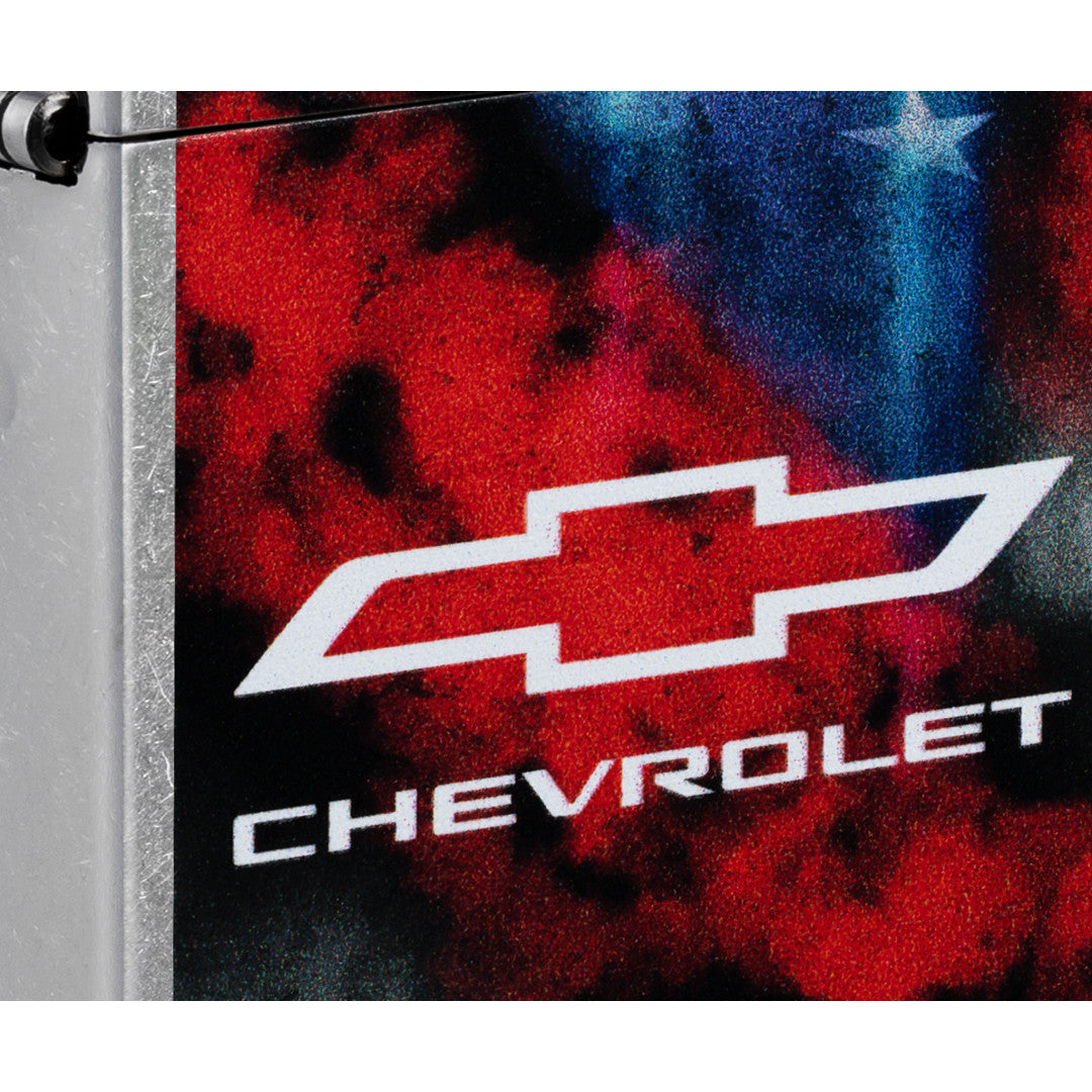Front view of Zippo Chevrolet® Flag Design Street Chrome Windproof Lighter close up to show the detail of the lighter.