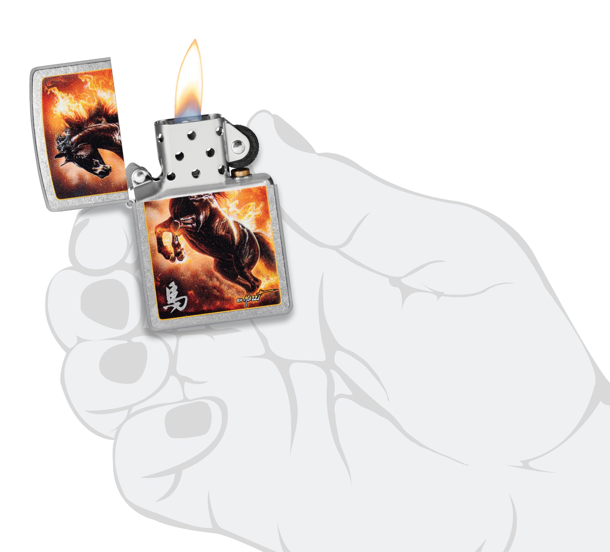 Zippo Mazzi® Fire Stallion Design Street Chrome Windproof Lighter lit in hand.