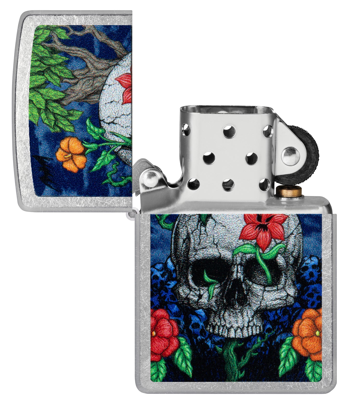 Zippo Skull Sprout Design Street Chrome Windproof Lighter with its lid open and unlit.