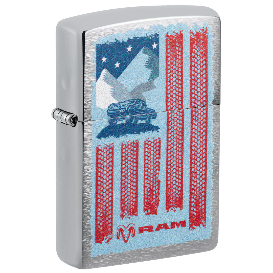 Front shot of Zippo RAM Flag Design Brushed Chrome Windproof Lighter standing at a 3/4 angle.