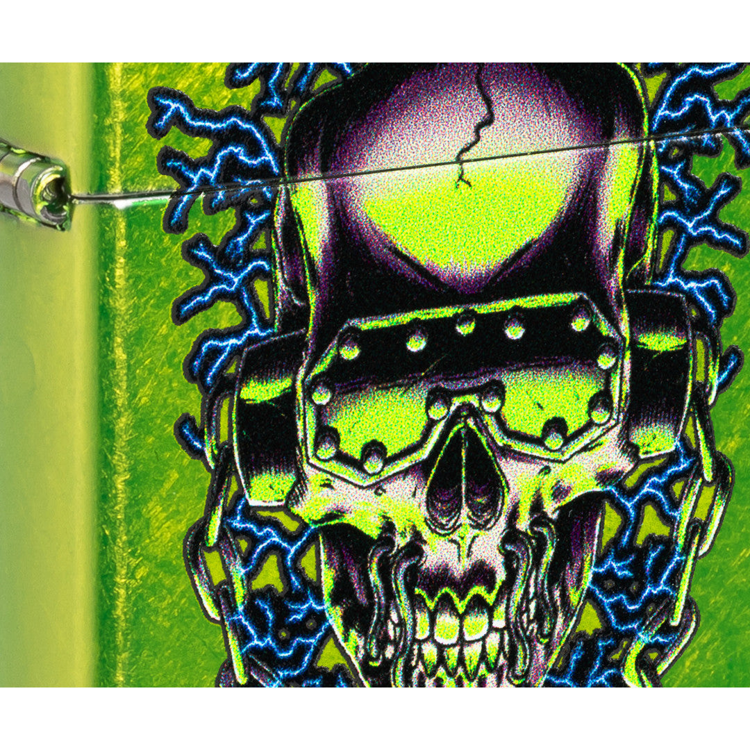 Front view of Zippo Megadeth Vic Rattlehead Design Classic Lurid Windproof Lighter close up to show the detail of the lighter.