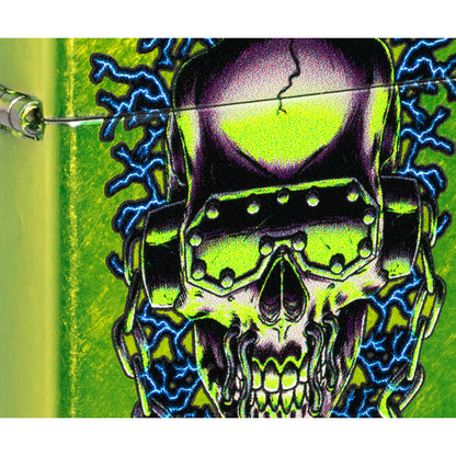 Front view of Zippo Megadeth Vic Rattlehead Design Classic Lurid Windproof Lighter close up to show the detail of the lighter.