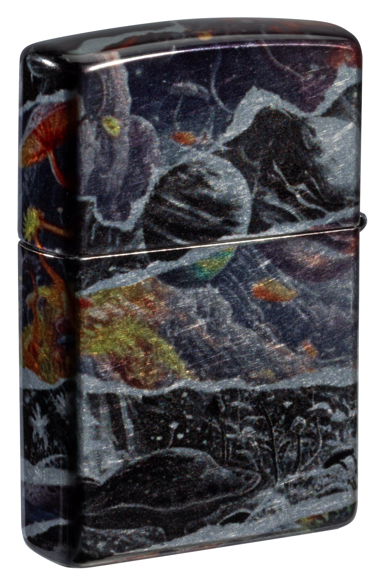 Back view of Zippo Fusion Galaxy Design 540 Tumbled Chrome Windproof Lighter standing at a 3/4 angle.