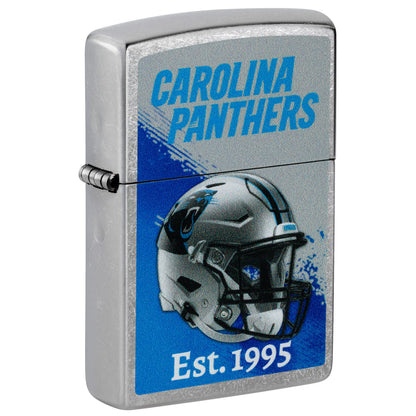 Front shot of Zippo NFL Carolina Panthers Helmet Design Street Chrome Windproof Lighter standing at a 3/4 angle.