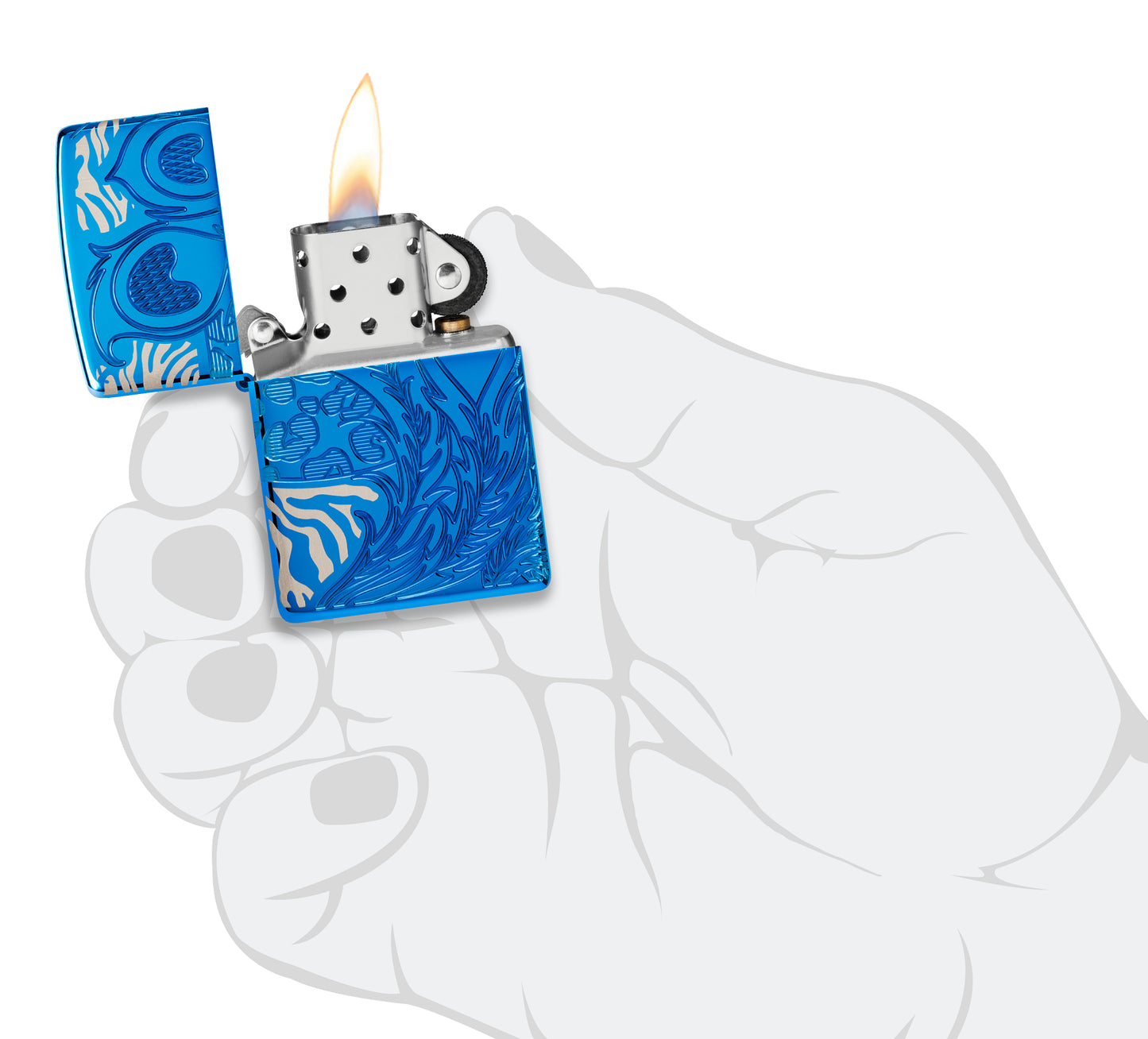 Zippo Animal Flair Design Armor® High Polish Blue Windproof Lighter lit in hand.