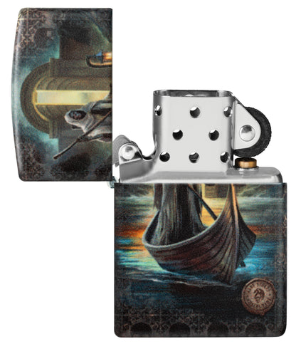 Zippo Anne Stokes The Ferryman Design 540 Matte Windproof Lighter with its lid open and unlit.