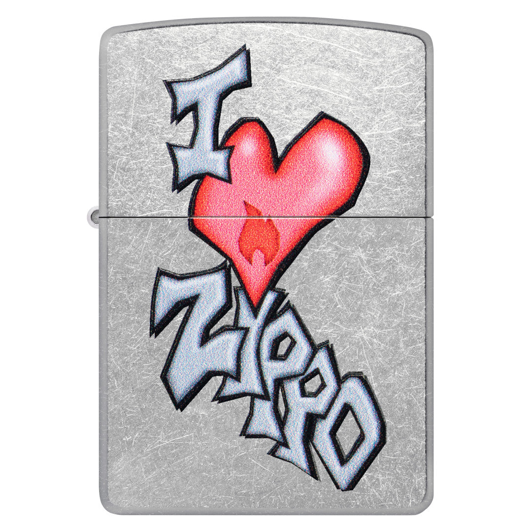 Front view of Zippo I Love Zippo Design Street Chrome Windproof Lighter.